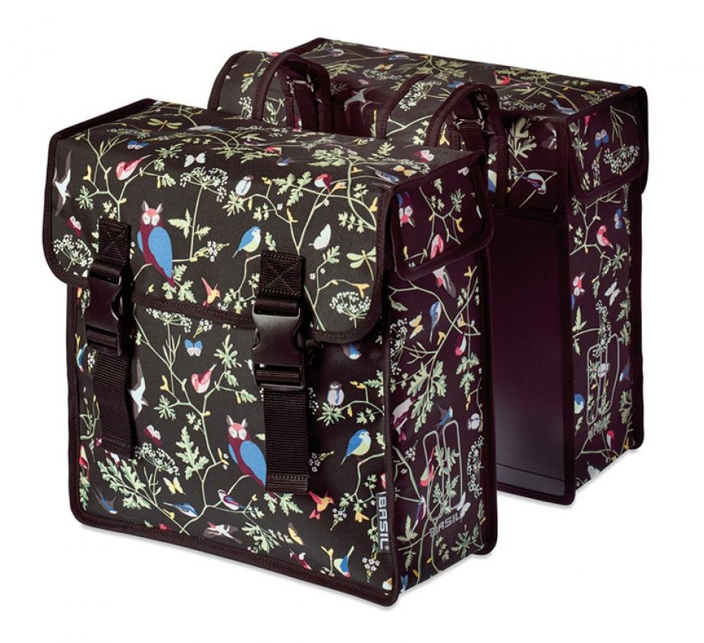 Basil Doppelpacktasche Wanderlust charcoal 35l mit Vogel- & Blumenmuster und Reflexstreifen.