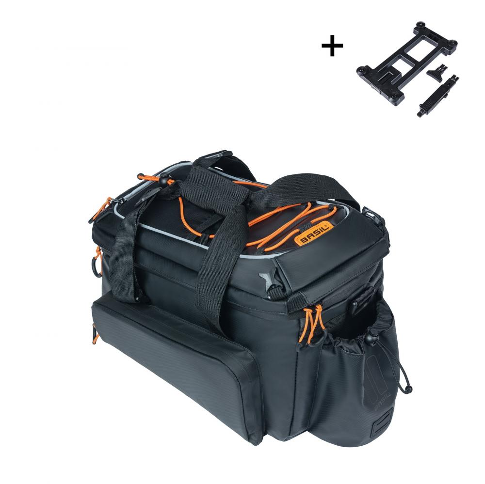 Basil Gepäckträgertasche Miles Tarpaulin XL Pro MIK 2.0 - schwarz / orange - inkl. MIK 2.0-Adapterplatte - 9-36 Liter - Adapterplatte