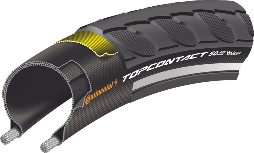 Continental Top Contact II Fahrradreifen schwarz Reflex E-50 faltbar, detaillierter Querschnitt zeigt Pannenschutz.