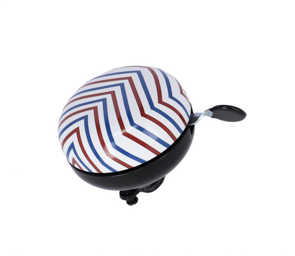 XLC Fahrradklingel Mingun DD-M09 Stripes mit rot-blau-weißem Zickzack-Muster und schwarzem Sockel.