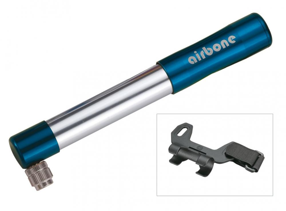 Airbone Minipumpe ZT-505 AV 185mm blau mit Halterung für Fahrradreifen und Ventile abgebildet.