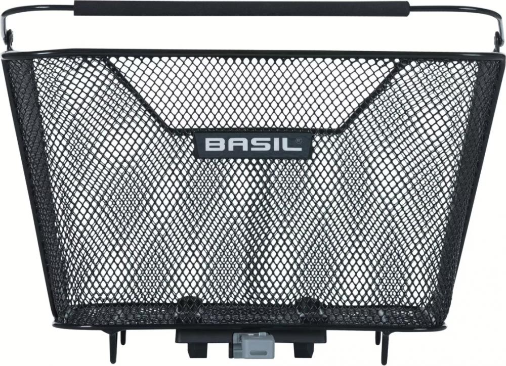 Schwarzer Basil Lesto MIK Hinterradkorb aus engmaschigem Stahl mit MIK-Adapter.