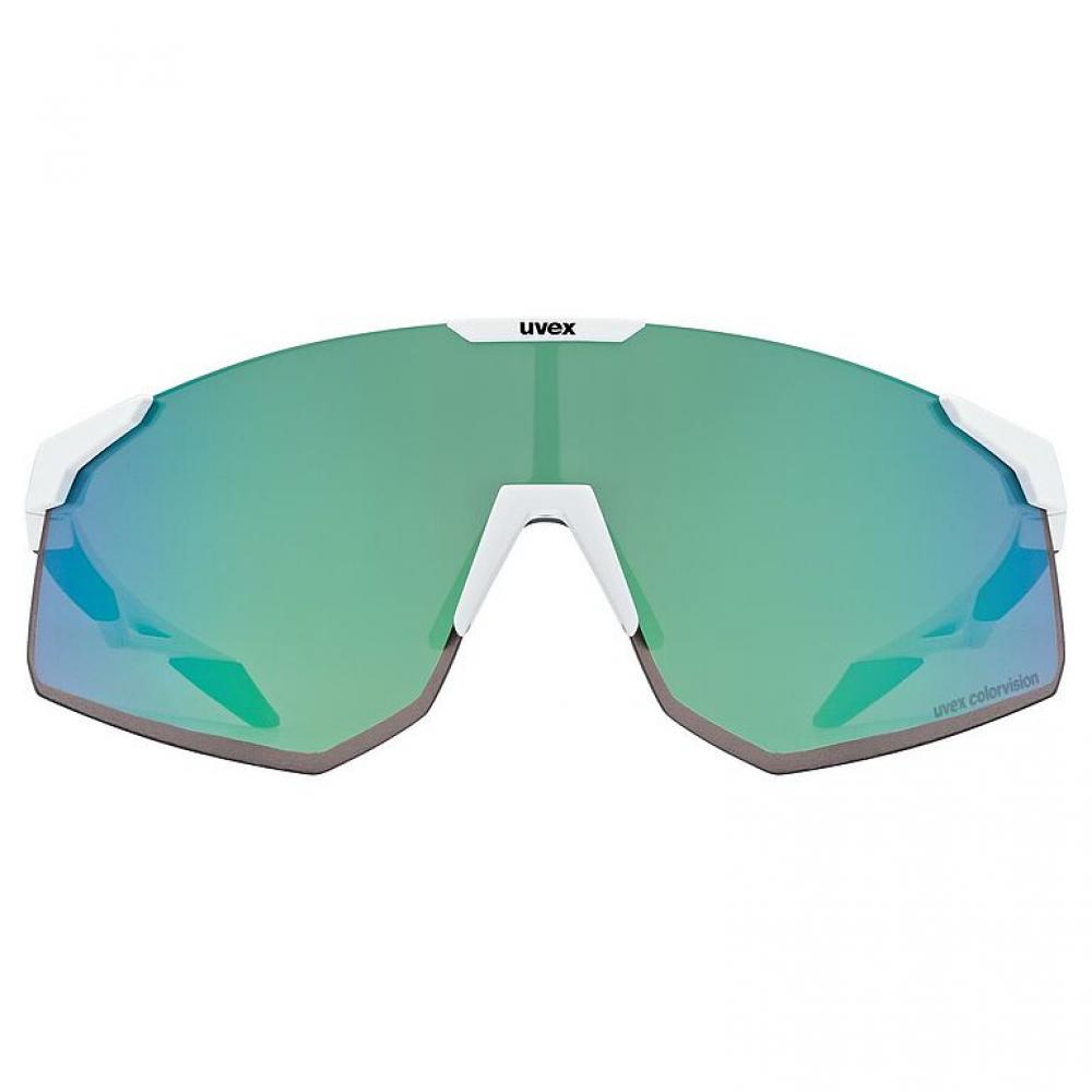 uvex Sportbrille pace perform CV white matt glossy green, mit colorvision für kontrastreiche Sicht, verspiegelte Gläser, 100 % UV-Schutz, anti-fog Beschichtung, ideal für Radsport und Running