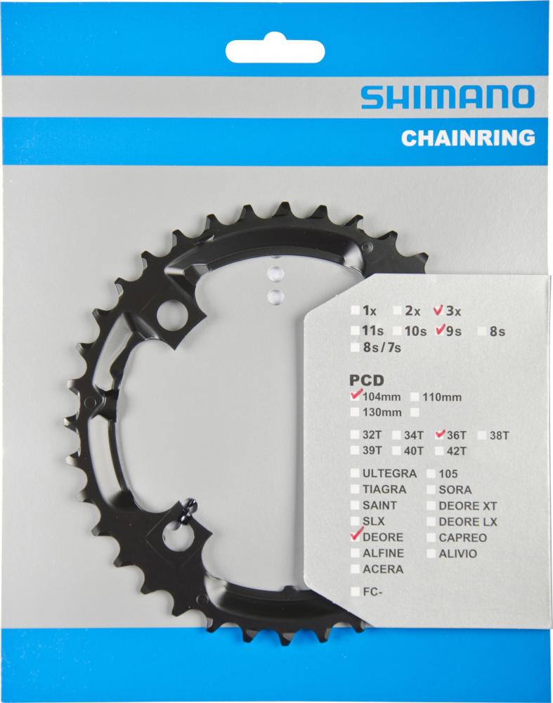 Schwarzes Shimano Deore Kettenblatt FC-M590/M591 mit 36 Zähnen für 9-fach MTB- und Trekking-Antriebe.