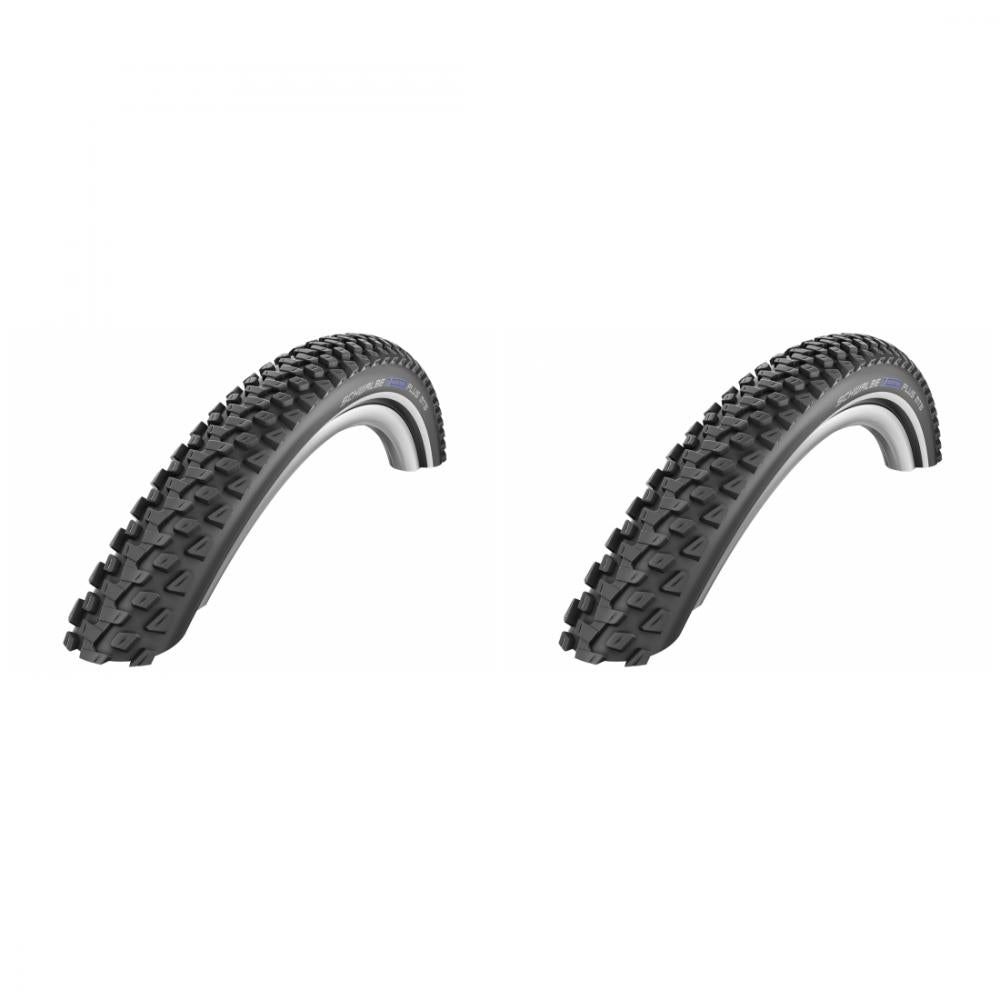 2x Schwalbe Marathon Plus MTB Drahtreifen 29x2.25, schwarze Fahrradreifen mit Stollenprofil auf weißem Hintergrund.
