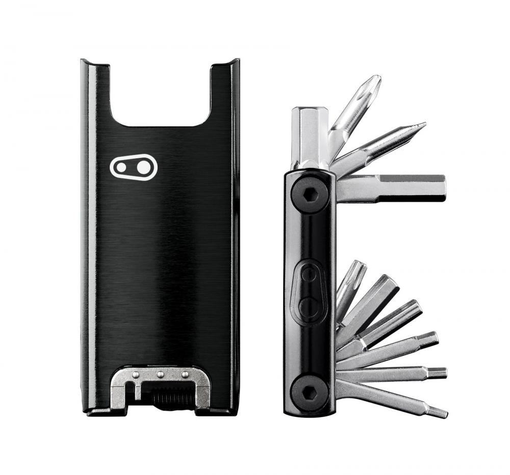 Crankbrothers F15 Fahrrad Multitool schwarz-silber mit ausgeklappten Werkzeugbits und kompakter Hülle.