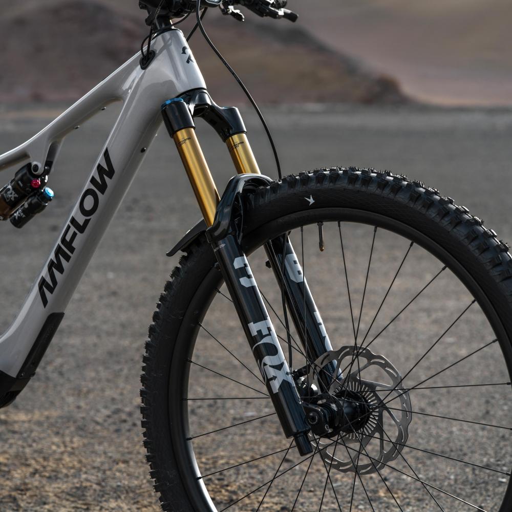 Amflow PX Carbon E-Mountainbike Fully mit Carbonrahmen in Hellgrau, Fox Federgabel und Scheibenbremsen, auf Schottergrund.