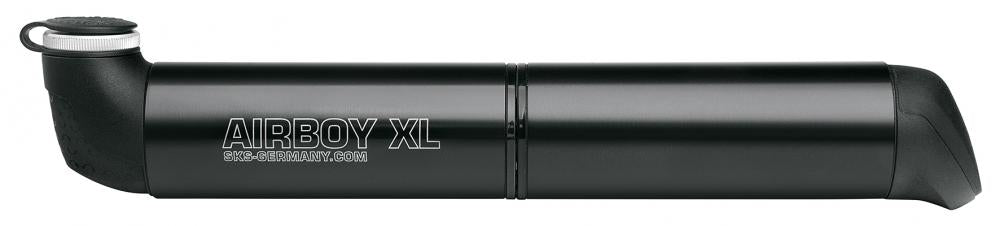 Schwarze SKS Airboy XL Minipumpe für Fahrräder mit 2-Kammer-System und 179 mm Länge für alle Ventilarten.