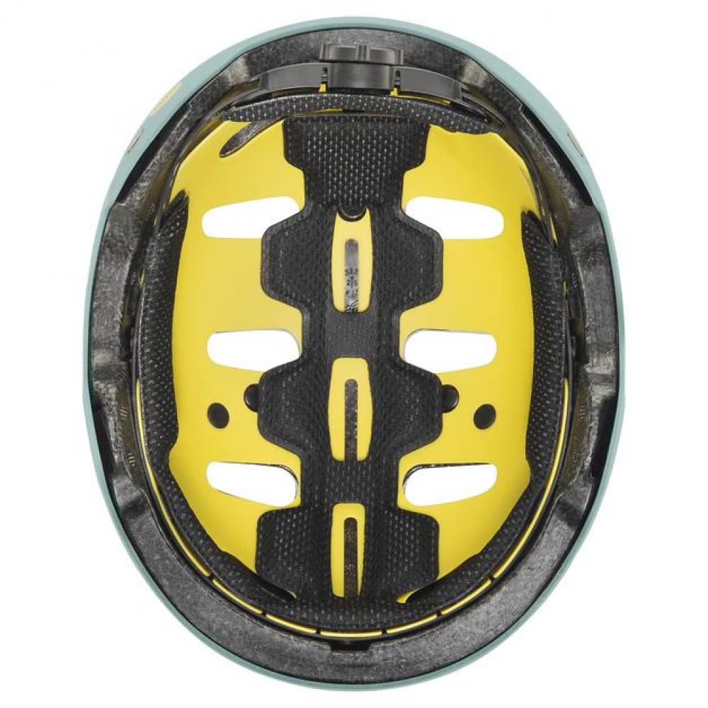 Inneransicht uvex kid 4 style MIPS Fahrradhelm in Salbeigrün matt, zeigt gelbes MIPS-System und schwarze Polsterung.
