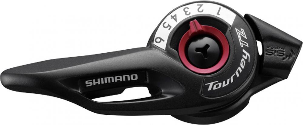 SHIMANO Schalthebel TOURNEY TZ SL-TZ500 6-fach, schwarz mit Ganganzeige 1-6 und rotem Einstellknopf.