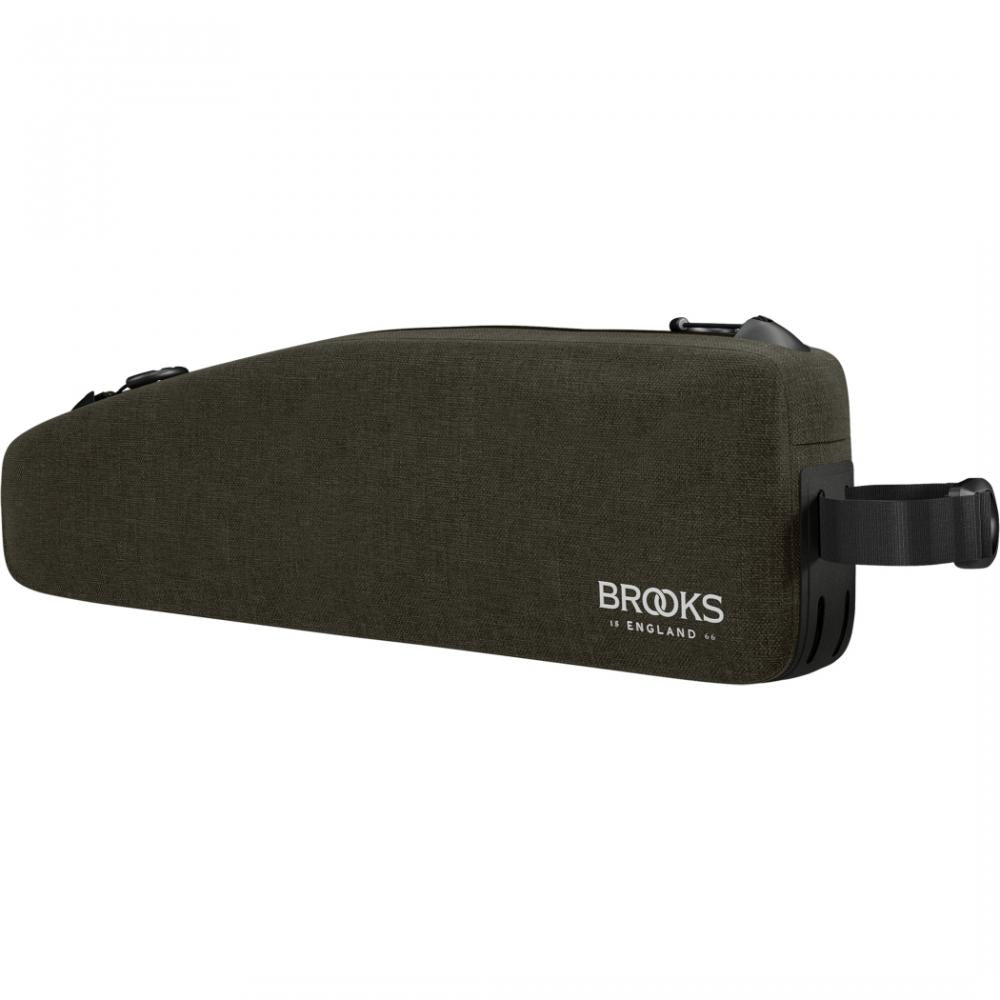 BROOKS Scape Long Top Tube Bag Mud Green - wasserdichte Oberrohrtasche 0,9 Liter aus 600D Polyester mit Hypalon-Details - 100 g leicht, 370x40x110 mm