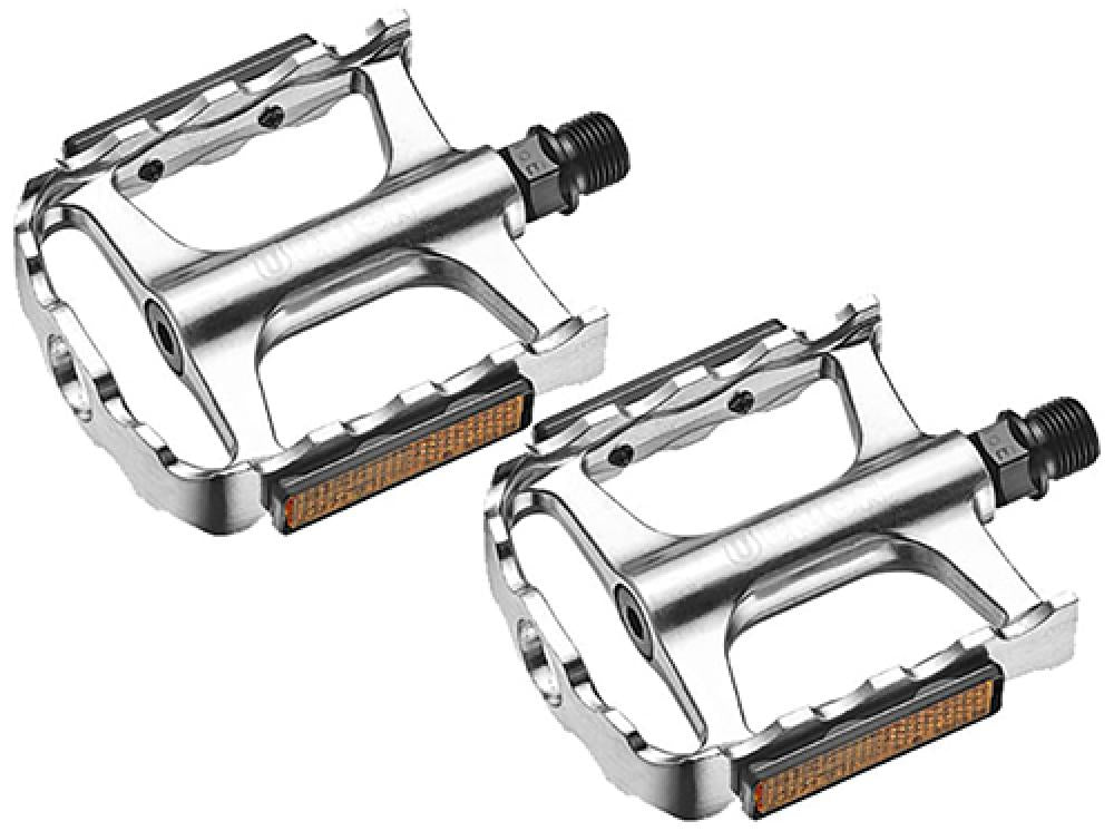 Union SP-2160 Fahrradpedale silber aus Aluminium mit breiter Plattform und Reflektoren.