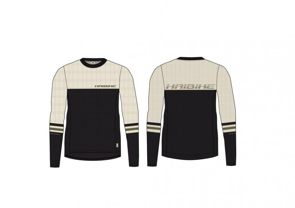 Langarm Freeride Shirt Haibike Hochries Gr. M, schwarz/beige mit olive Streifen, Vorder- & Rückseite.