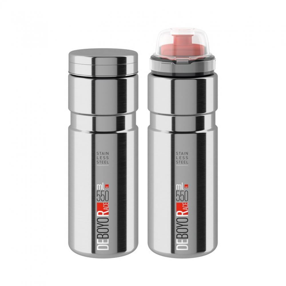 Zwei silberne Elite Deboyo Race 550ml Edelstahl-Thermo-Trinkflaschen für Fahrräder.