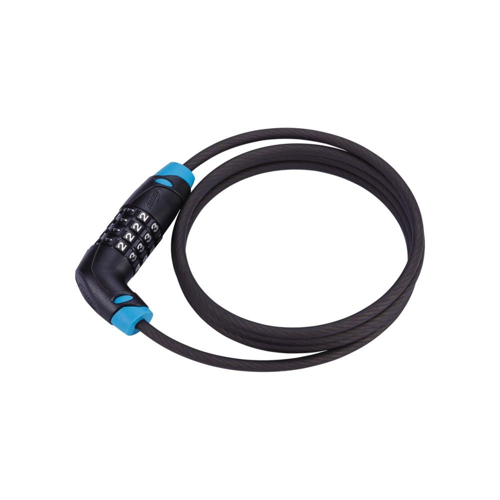 Schwarzes BBB Fahrrad-Kabelschloss CodeSafe 6mmx150cm mit Zahlenschloss und blauen Details, aufgewickelt.