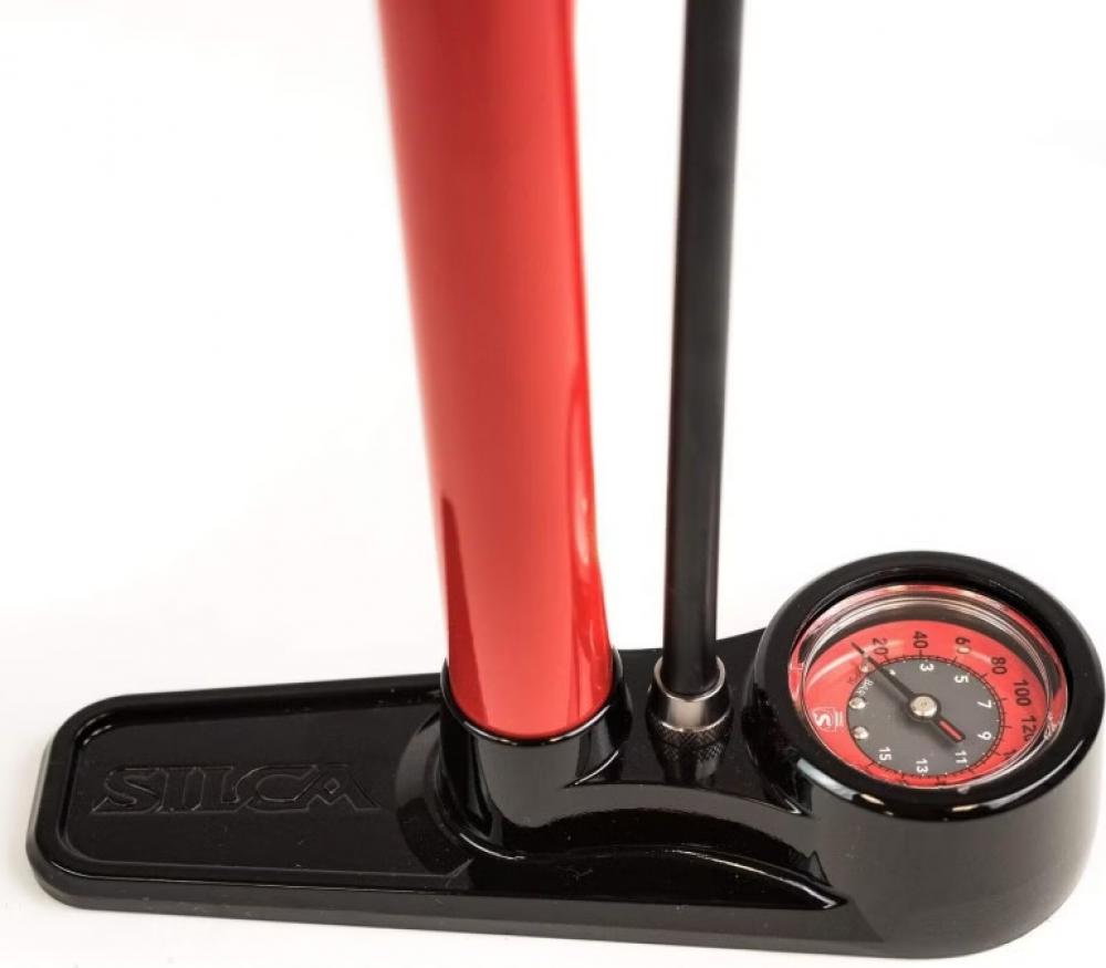 SILCA Pista Standpumpe Rot Hochdruck-Standpumpe mit Stahlzylinder, Eschenholzgriff, Lederkolbendichtung, bis 15 bar, für Presta/Schrader-Ventile, inkl. Manometer