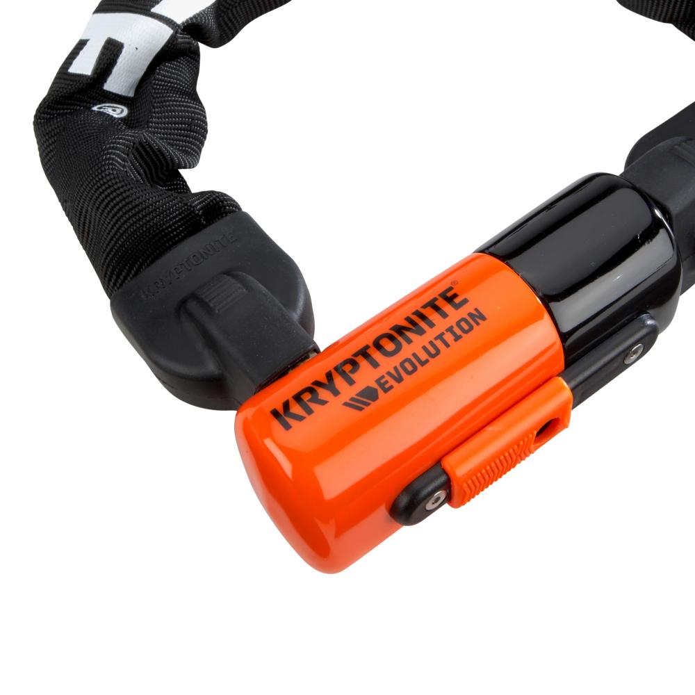 Kryptonite Evolution 1012 Kettenschloss, 12mm Sechskantkette mit schwarzer Nylonhülle und orangefarbenem Schlüsselverschluss.