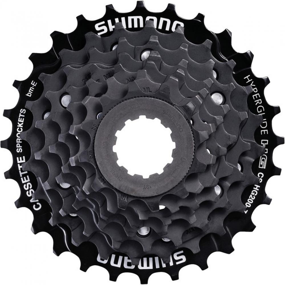 Schwarze Shimano CS-HG200 7-fach Fahrrad-Kassette mit 12-28 Zähnen in der Draufsicht.