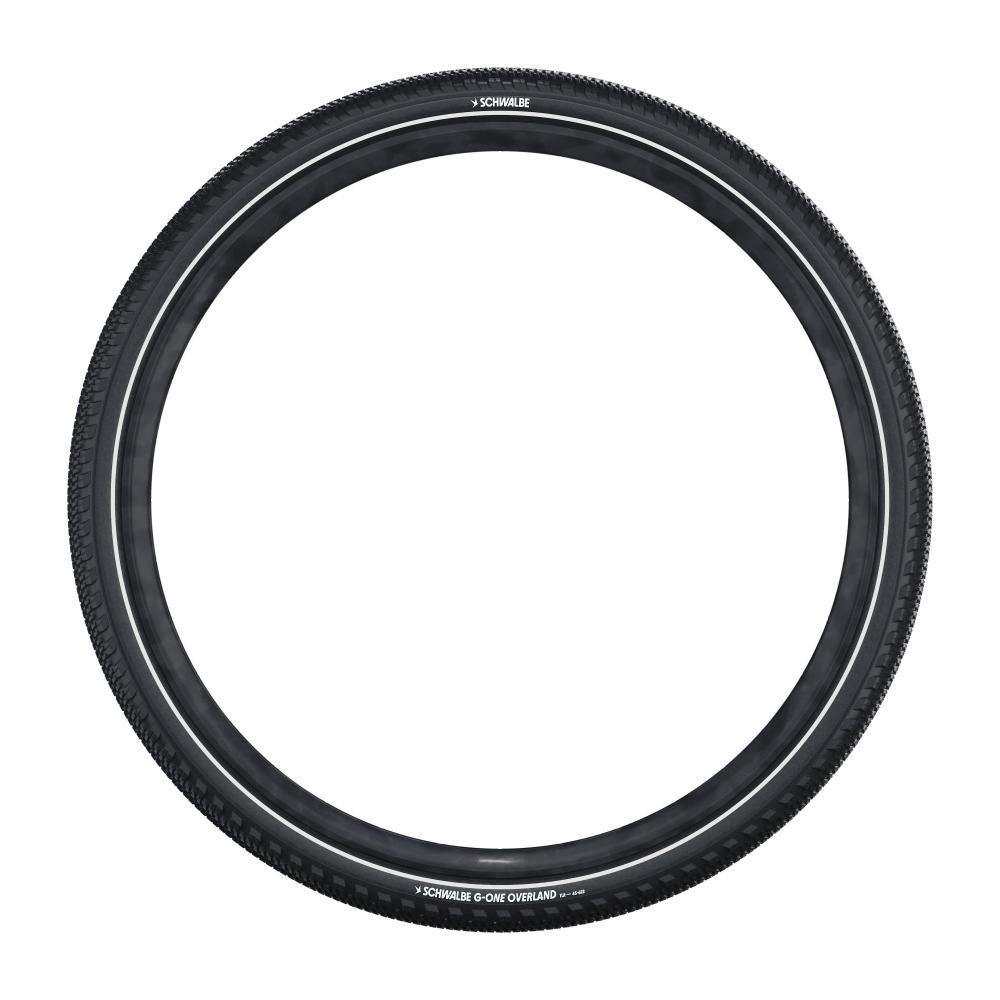 Langlebiger Schwalbe G-One Overland 29 Zoll Gravel-Faltreifen, schwarz mit Reflexstreifen für Touren.