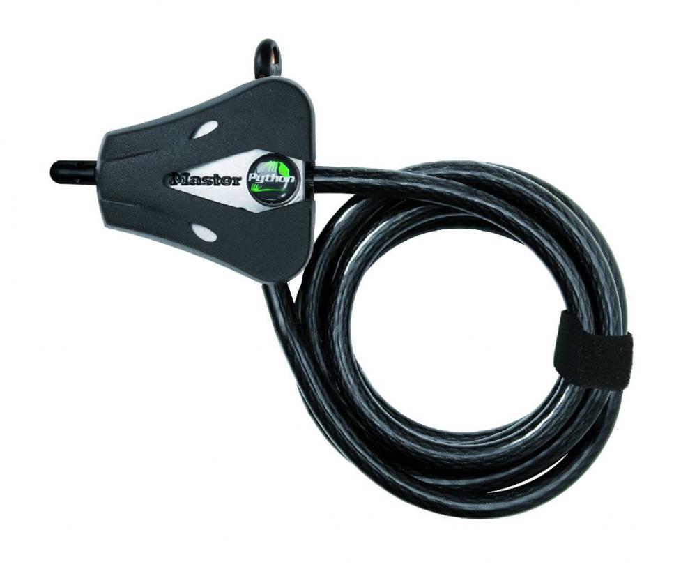 Master Lock Kabelschloss Python 8418 mit verstellbarem Verschlussmechanismus & 2 Schlüssel Kabeldicke 8mm Länge 1800mm Farbe schwarz Gewicht ca.400gr