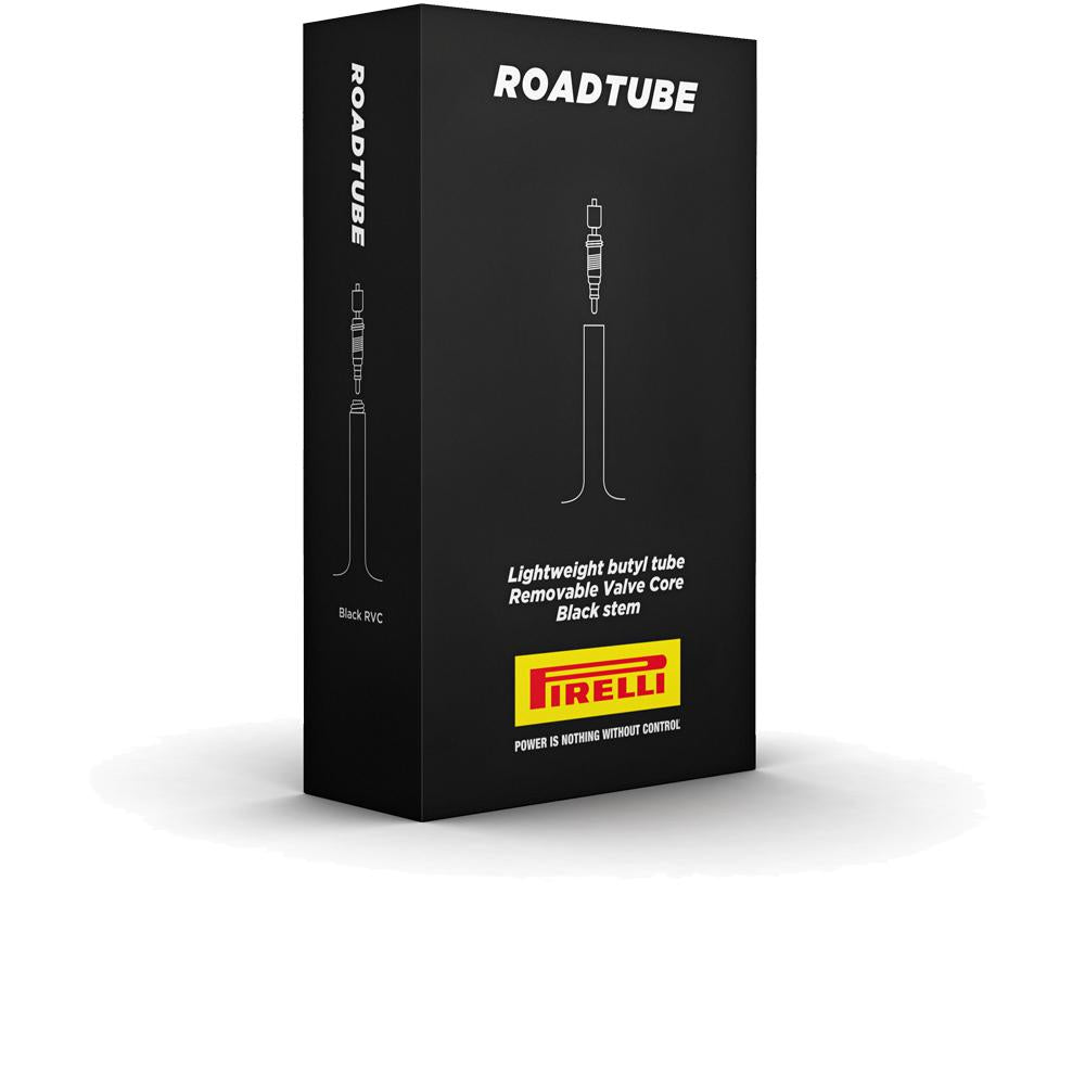 Schwarze Verpackung des Pirelli ROADTUBE 28" Butyl Fahrradschlauchs, 85g, 80mm SV-Ventil, Race.