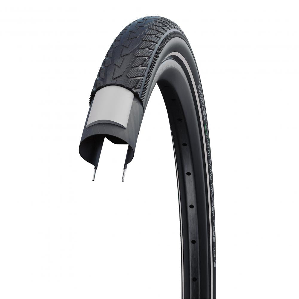 Schwalbe Road Cruiser Plus 20x1.75 E-25 Fahrradreifen mit GREEN PunctureGuard Pannenschutz im Querschnitt.