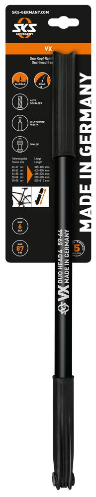 SKS Duokopf-Pumpe VX schwarz 510-560mm für DV/AV/SV Flexible Fahrradpumpe mit Headerkarte, ideal für RH 59-64cm
