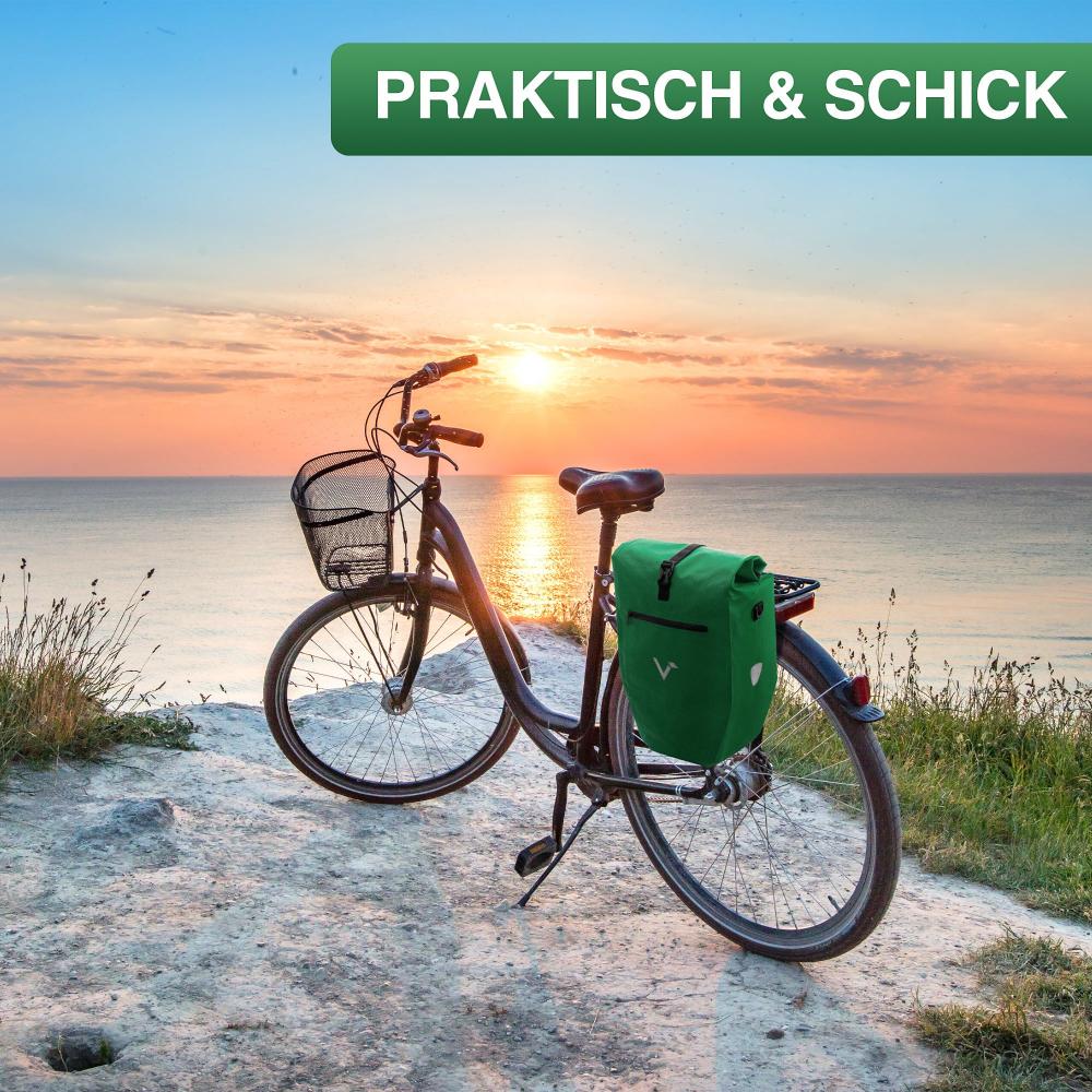 Valkental Gepäckträgertasche ValkBasic grün 28L am Fahrrad. Praktische & schicke Fahrradtasche für Touren am Meer.