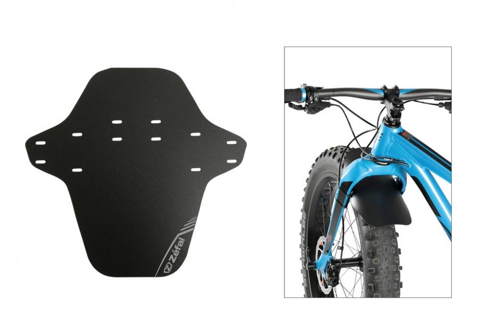 Zéfal Deflector Lite XL VR-Spritzschutz schwarz, lose und am blauen Mountainbike vorne montiert.