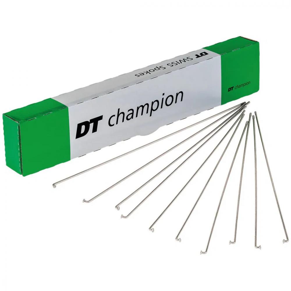 Robuste DT Swiss Champion 2.0 J-Bend Speichen silber für Straße & MTB vor grüner Box.