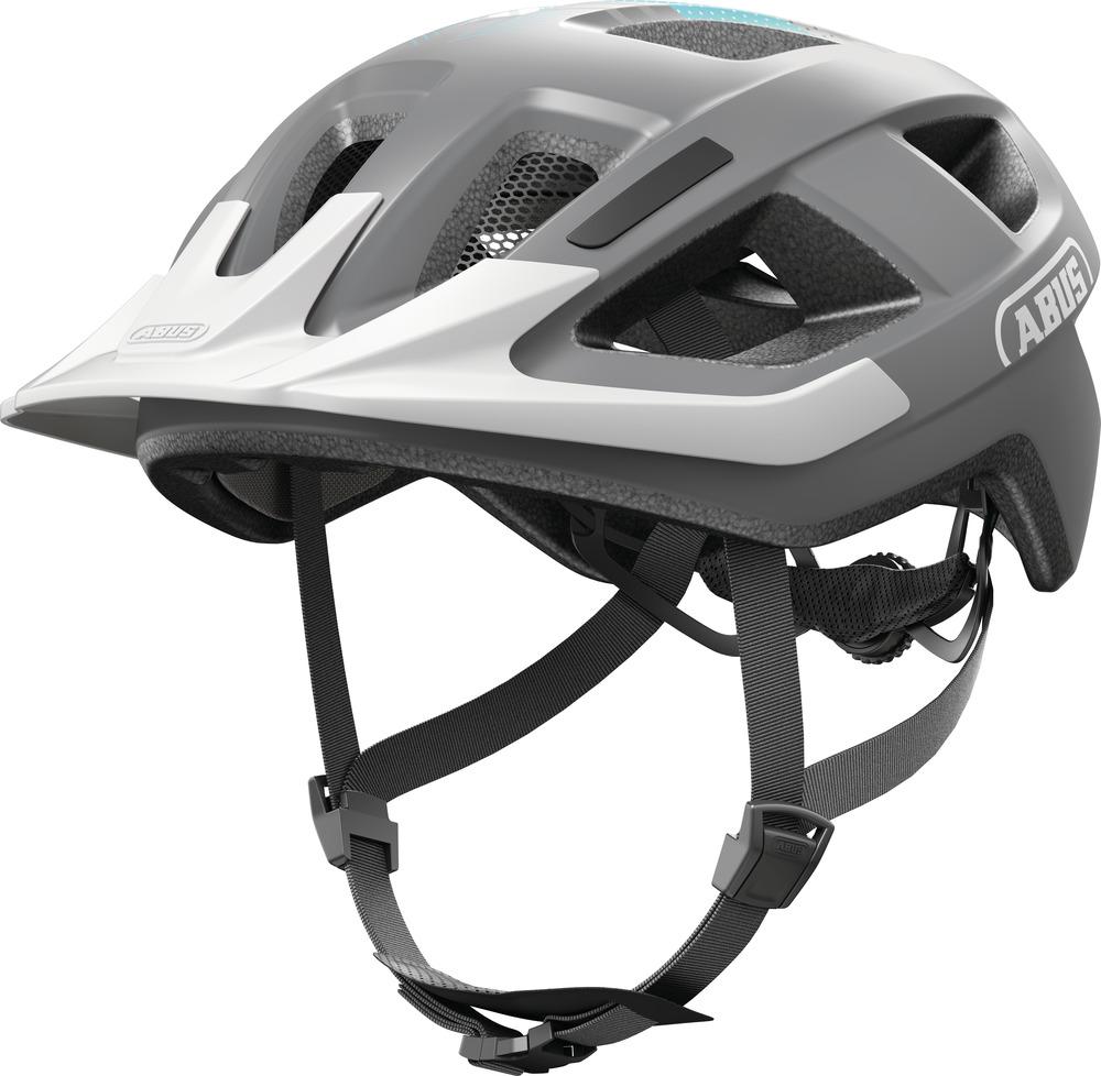 Abus Fahrradhelm Aduro 3.0 in race gray, Größe L (58-62cm), mit weißem Visier.