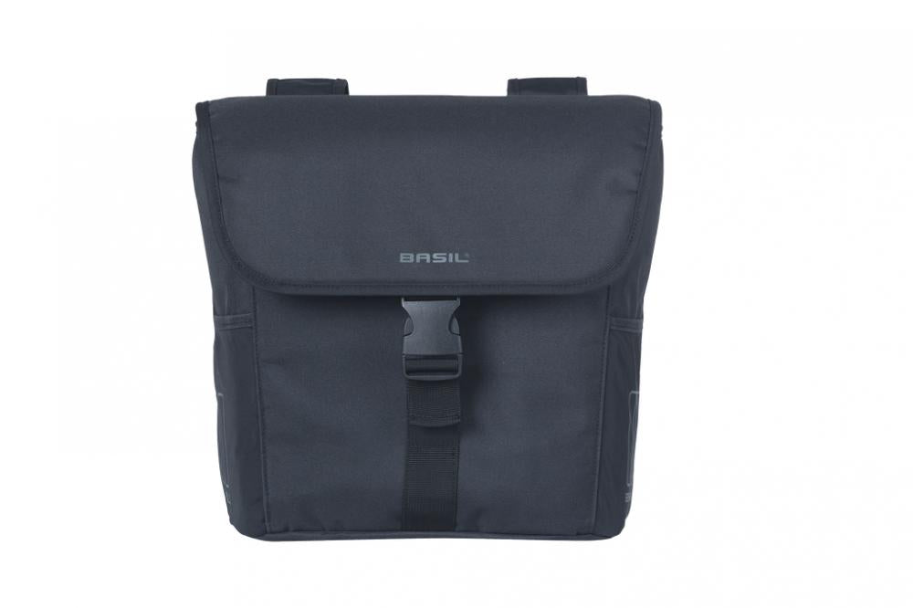 Schwarze Basil Go MIK 32L wasserabweisende Doppelpacktasche für Fahrradgepäckträger.