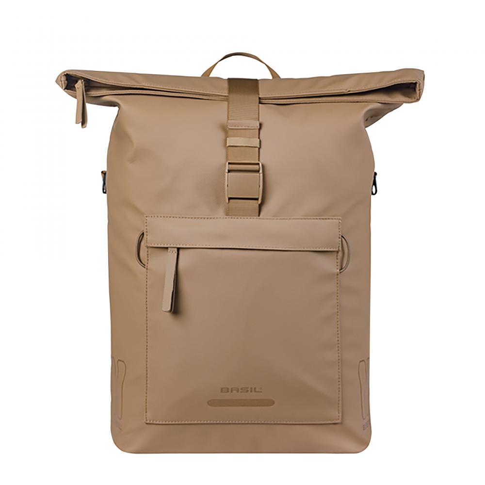 Basil Tasche Schultertasche Brooklyn MIK Hooks 17 Liter - recyceltes PET - wasserdichtes Hauptfach IPX3 Faltverschluss mit Schnalle 16 Zoll Laptopfach Helmbefestigung abnehmbarer Schultergurt Reflexion Repair-Zipper