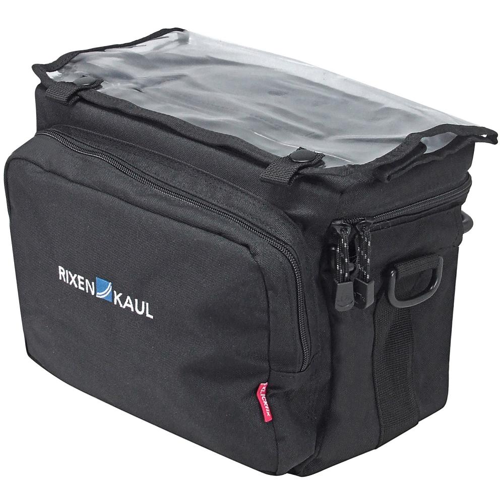 KLICKfix Daypack Lenkertasche schwarz mit transparentem Kartenfach und RIXEN & KAUL Logo.
