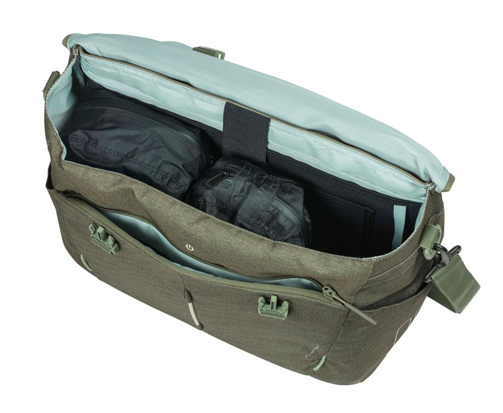 Basil B-Safe Nordlicht Bürotasche olivgrün, geöffnet mit Innenfächern und LED-Beleuchtung.