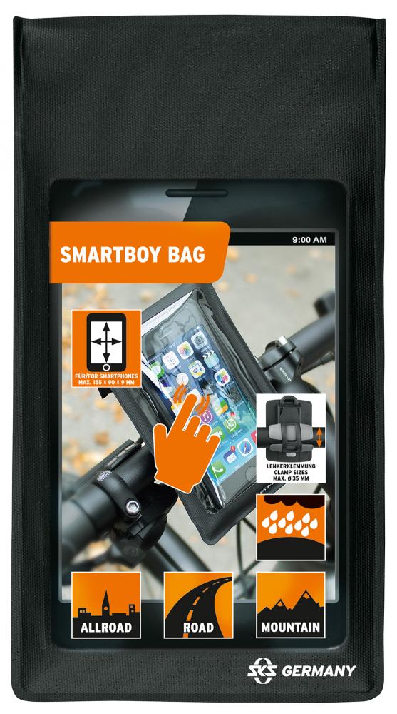 SKS Smartphonehalter Smartboy schwarz - Robuste Kunststoffhalterung mit praktischer Tasche, ideal für Fahrradlenker. Sichere Befestigung und einfacher Zugriff