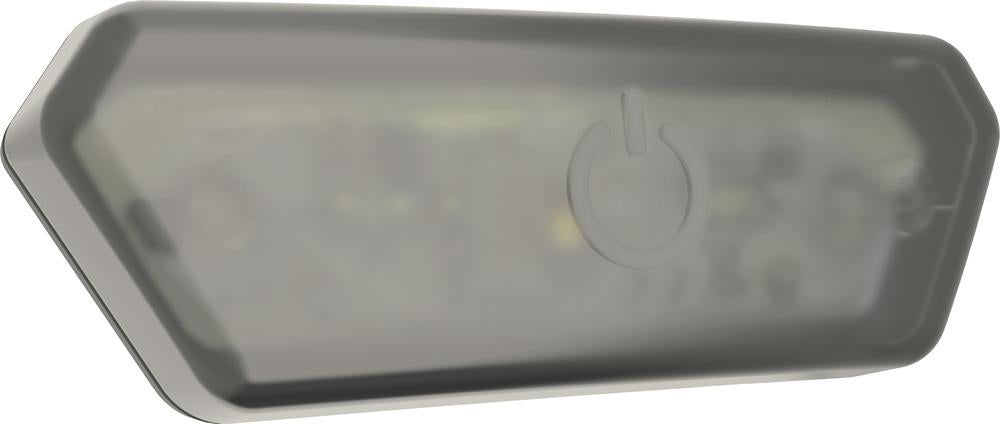 Abus Kinderhelm Smiley 3.0 LED Modul in Grau mit Power-Symbol und transparentem Gehäuse.