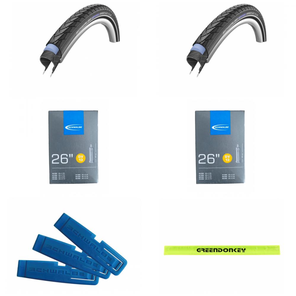 Schwalbe Marathon Plus 26x1.75 Drahtreifen, DV13 Schläuche, Reifenheber & Greendonkey Reflexband.