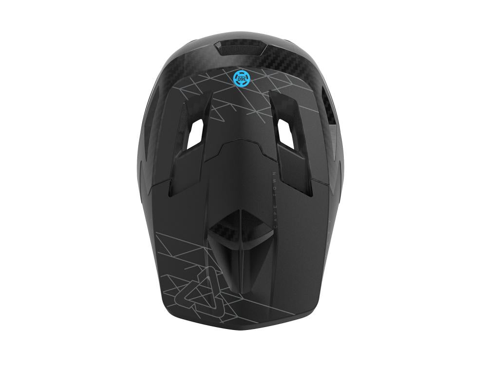 Leatt MTB Gravity 6.0 Carbon Fahrradhelm stealth L, schwarzer Fullface-Helm Rückansicht mit Carbon-Muster und Logo.