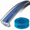 Schwalbe Felgenband PU 25-584 25mm 27,5Zoll, blau, als Rolle und im Felgenquerschnitt gezeigt.