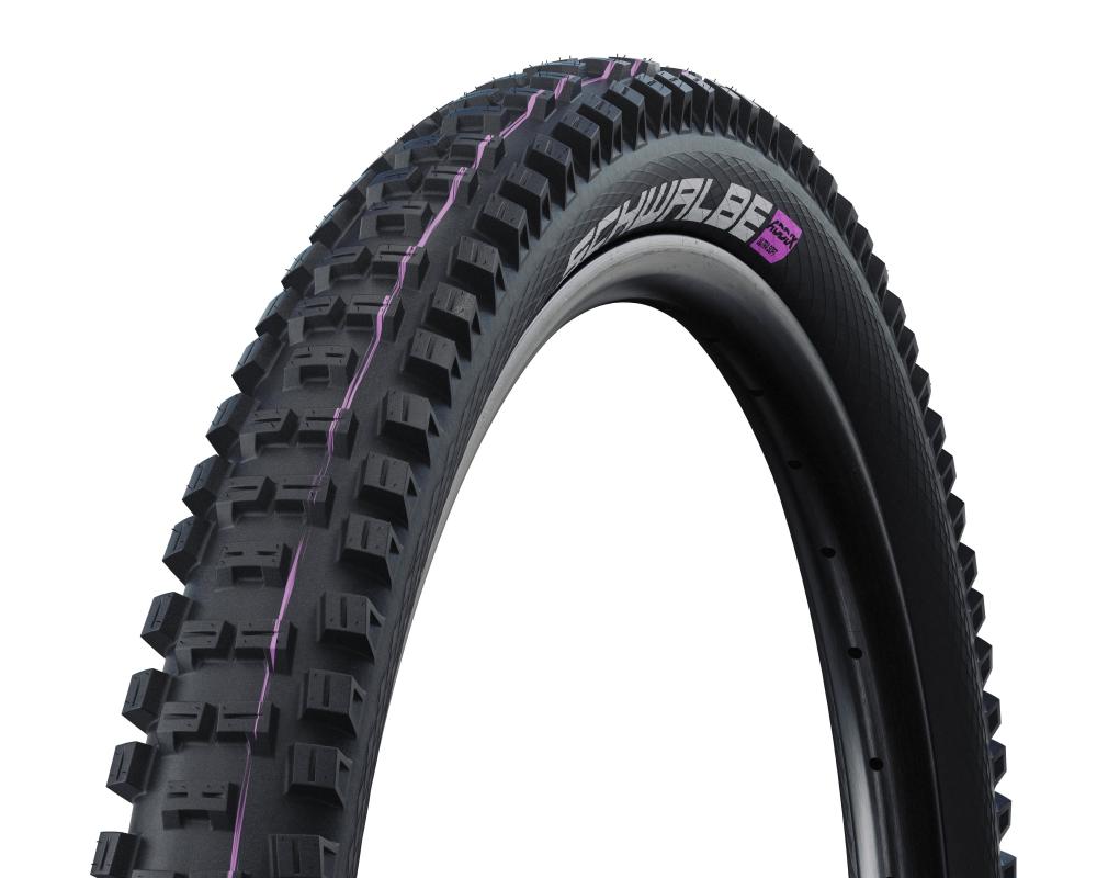 Schwalbe Big Betty MTB Reifen 27.5x2.40 schwarz TLE E-50 faltbar mit lila Streifen auf Stollenprofil.
