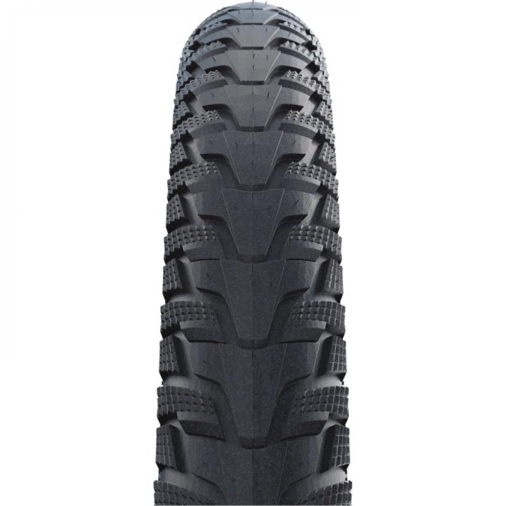 Schwarzer Schwalbe Energizer Plus Tour E-Bike Reifen mit markantem Profil und Reflexstreifen.