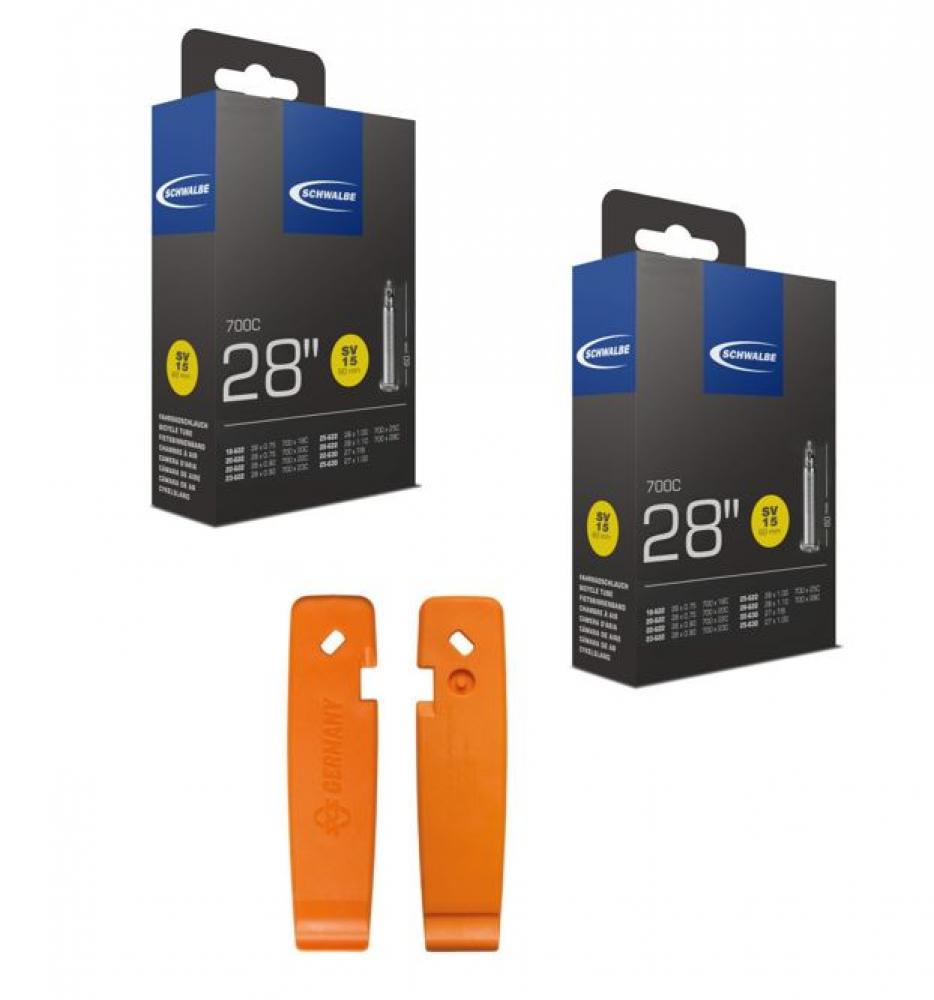 Schwalbe Fahrradschläuche SV15 28 Zoll 60mm und SKS Reifenheber-Set orange für 28x0.75-1.10" Reifen.