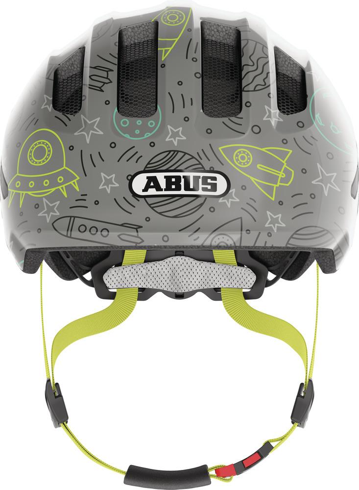 Abus Kinderhelm Smiley 3.0 LED grau Weltraum M 50-55cm mit Raketen und Sternen Motiv.