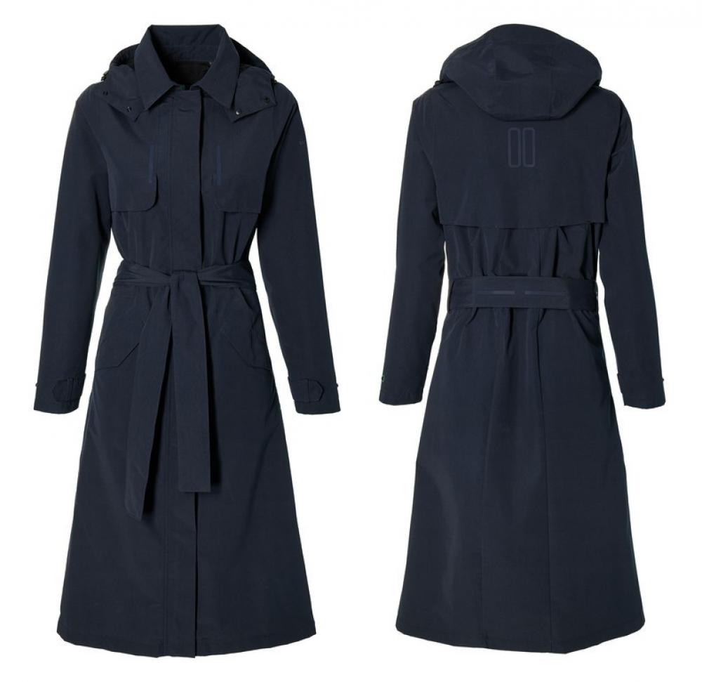 Basil Mosse Damen Fahrrad Regentrenchcoat nachtblau Gr. XL, vorne und hinten abgebildet.