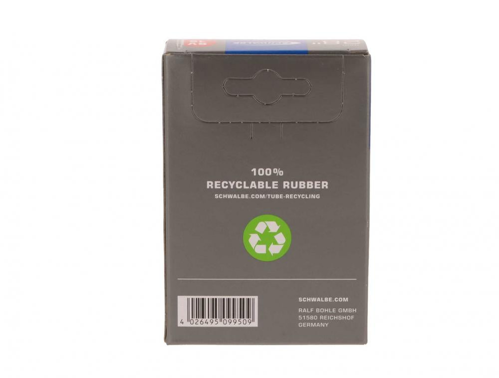 Schwalbe Schlauch SV15 Verpackungsseite mit Recycling-Hinweis, 100% recycelbarer Gummi.