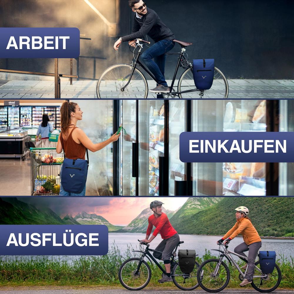 Valkental ValkBasic Gepäckträgertasche blau 20L, wasserdicht, mit Schultergurt, vielseitig für Arbeit, Einkauf, Ausflüge.