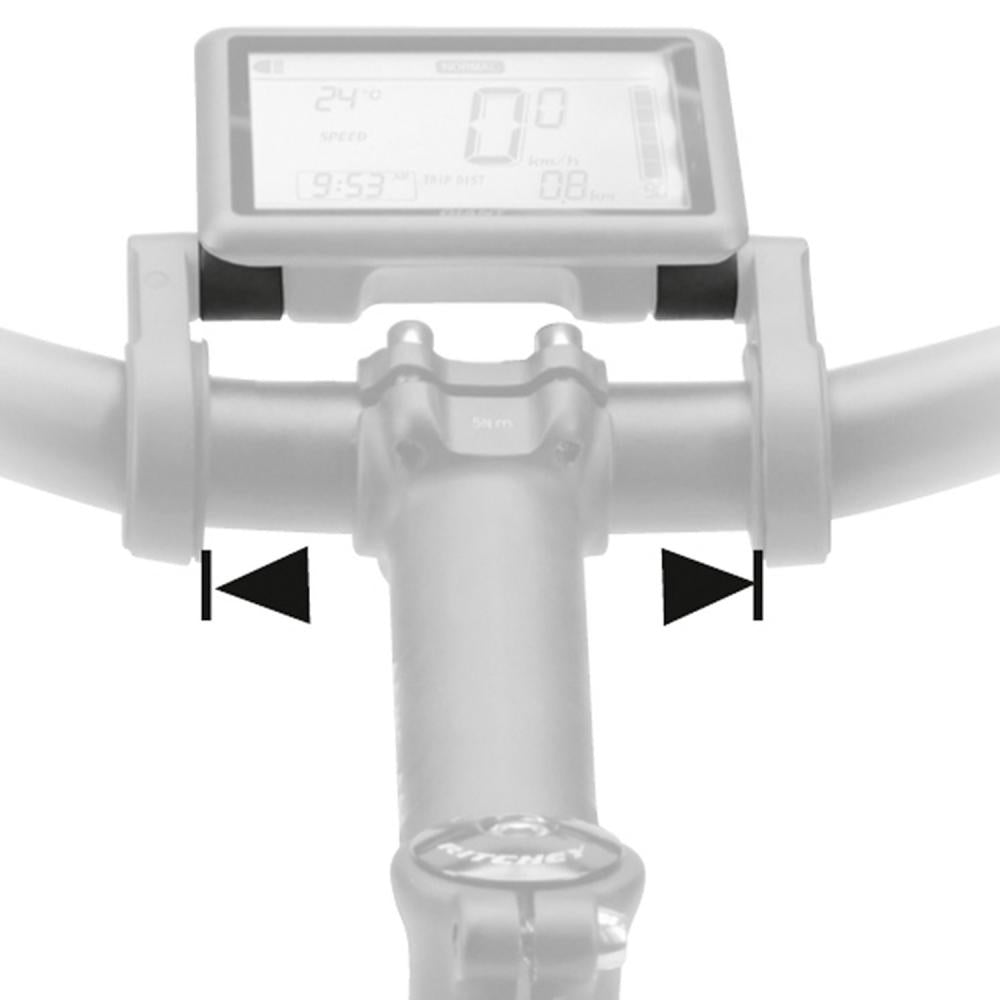 KLICKfix Spacer-Display am Fahrradlenker montiert, zeigt Befestigung mit Abstandshaltern für Fahrrad-Display.