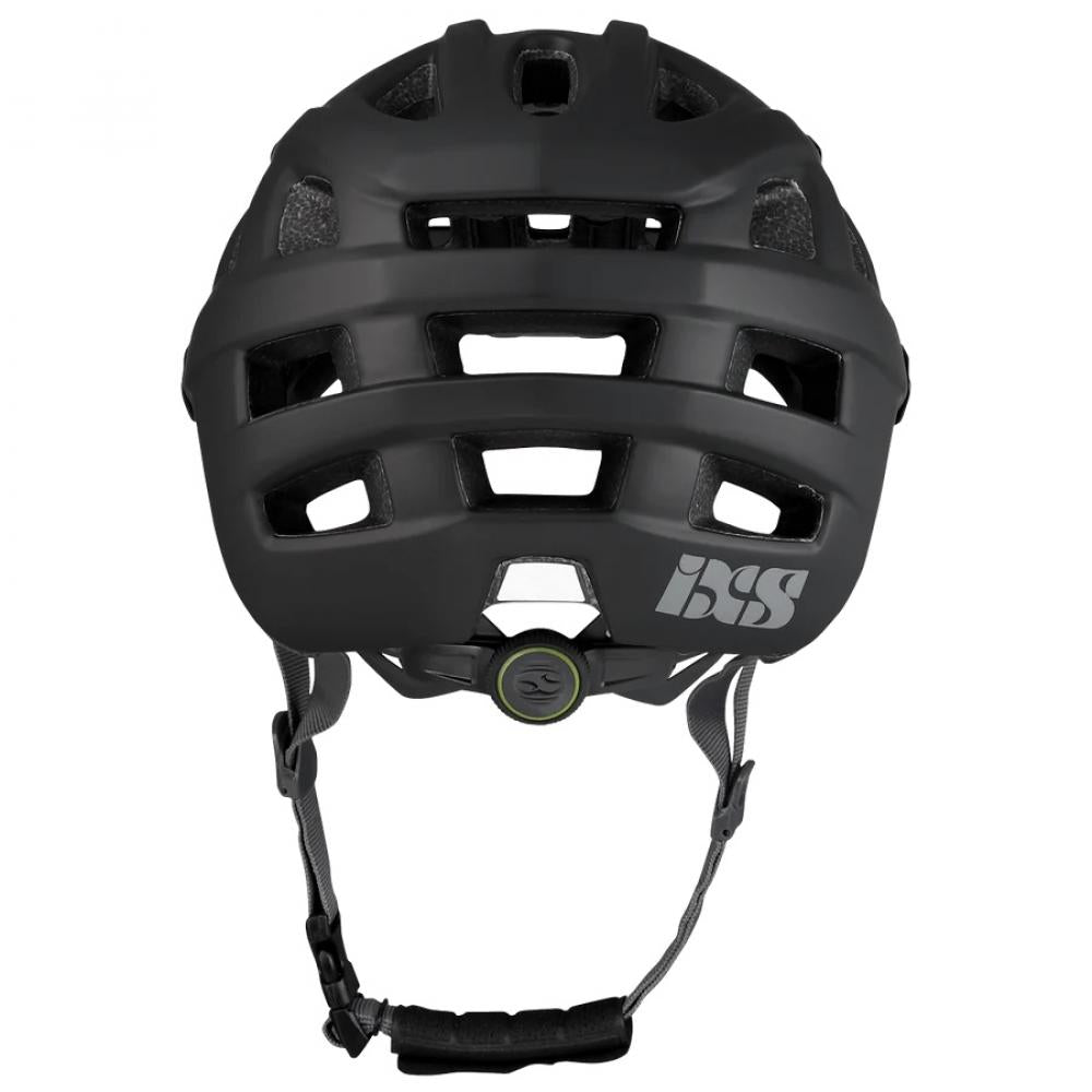 iXS Trail EVO Fahrradhelm schwarz S/M, Rückansicht des Mountainbike-Helms mit Belüftungsöffnungen und iXS Logo.