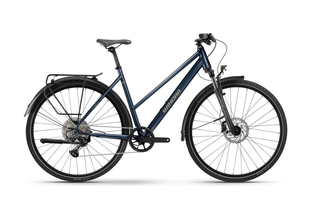 Winora Domingo X12 Pro Mid Trekkingrad dunkelblau, 12-G XT, Trapezrahmen, Federgabel, Gepäckträger, Scheibenbremsen.
